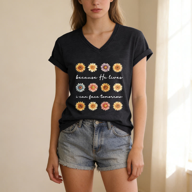 Christianartworkshop "Because He Lives I Can Face Tomorrow" Multi Daisy Floral Casual V-neck T-shirt - image 15