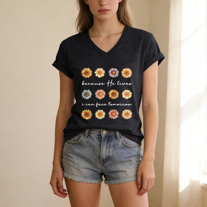 Christianartworkshop "Because He Lives I Can Face Tomorrow" Multi Daisy Floral Casual V-neck T-shirt - image 15