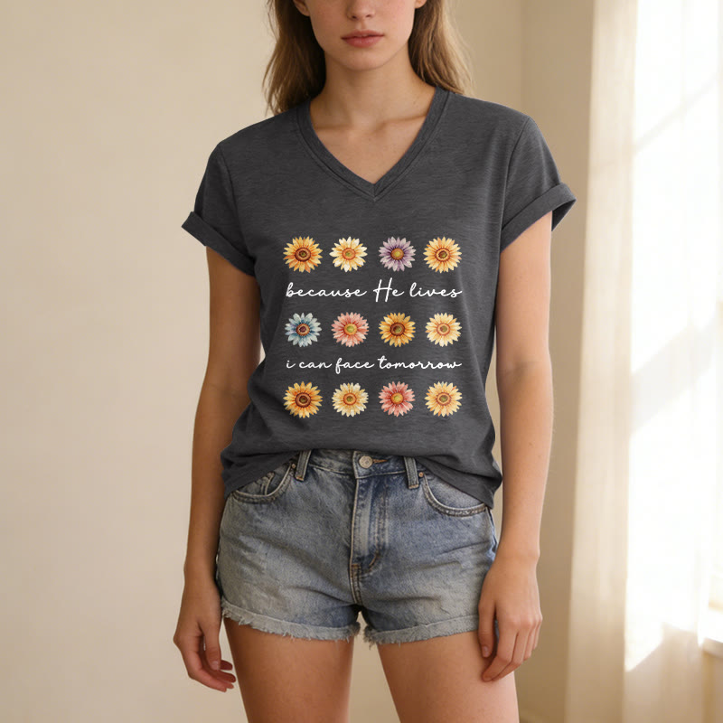 Christianartworkshop "Because He Lives I Can Face Tomorrow" Multi Daisy Floral Casual V-neck T-shirt - image 11