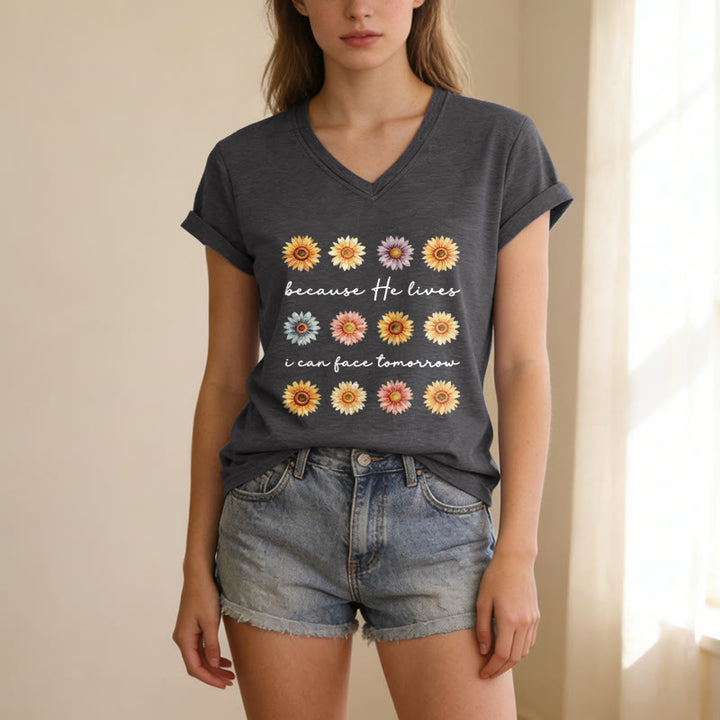 Christianartworkshop "Because He Lives I Can Face Tomorrow" Multi Daisy Floral Casual V-neck T-shirt - image 11