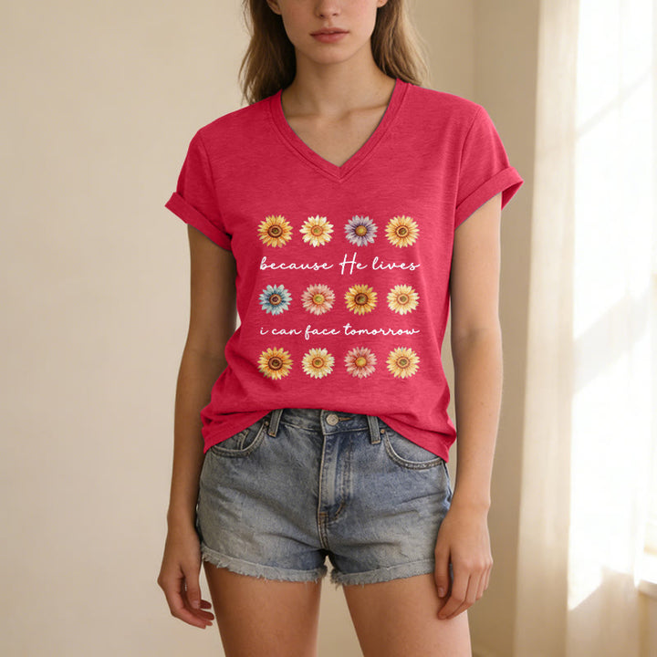 Christianartworkshop "Because He Lives I Can Face Tomorrow" Multi Daisy Floral Casual V-neck T-shirt - image 3