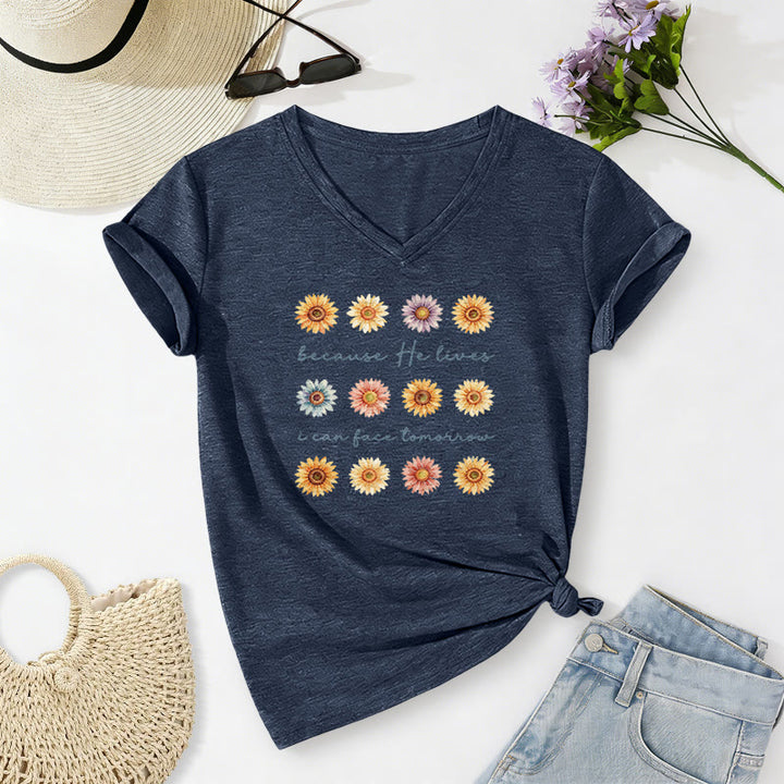 Christianartworkshop "Because He Lives I Can Face Tomorrow" Multi Daisy Floral Casual V-neck T-shirt - Navy Blue - 2XL - image 8