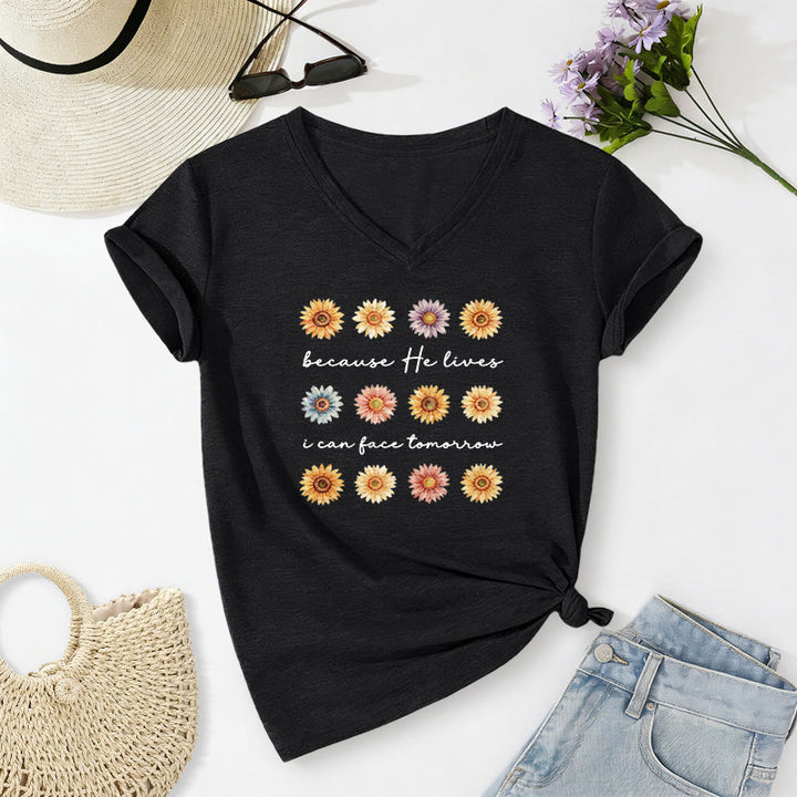 Christianartworkshop "Because He Lives I Can Face Tomorrow" Multi Daisy Floral Casual V-neck T-shirt - Black - 2XL - image 14