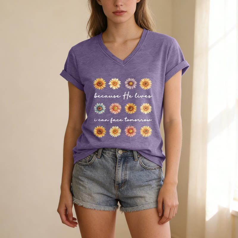 Christianartworkshop "Because He Lives I Can Face Tomorrow" Multi Daisy Floral Casual V-neck T-shirt - image 7