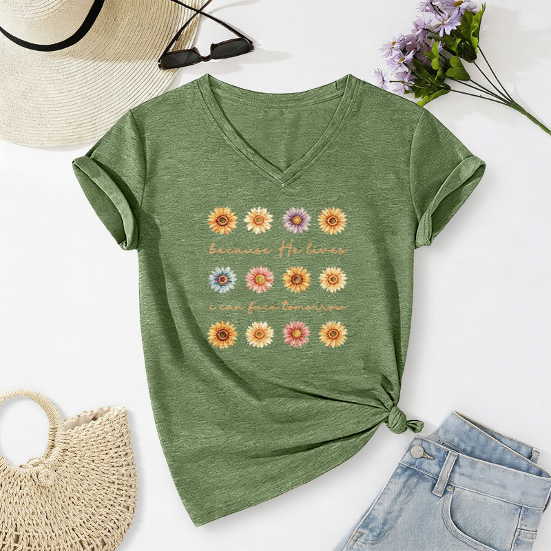 Christianartworkshop "Because He Lives I Can Face Tomorrow" Multi Daisy Floral Casual V-neck T-shirt - Olive Green - 2XL - image 18