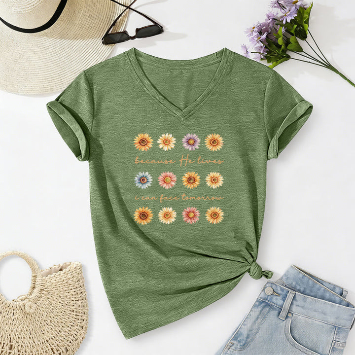 Christianartworkshop "Because He Lives I Can Face Tomorrow" Multi Daisy Floral Casual V-neck T-shirt - Olive Green - 2XL - image 18