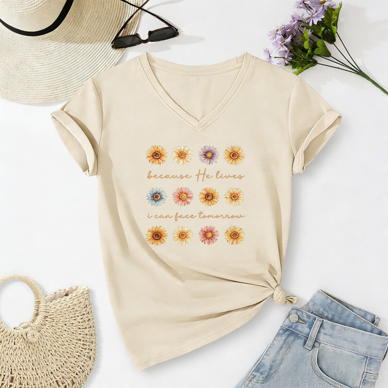 Christianartworkshop "Because He Lives I Can Face Tomorrow" Multi Daisy Floral Casual V-neck T-shirt - Beige - 2XL - image 0