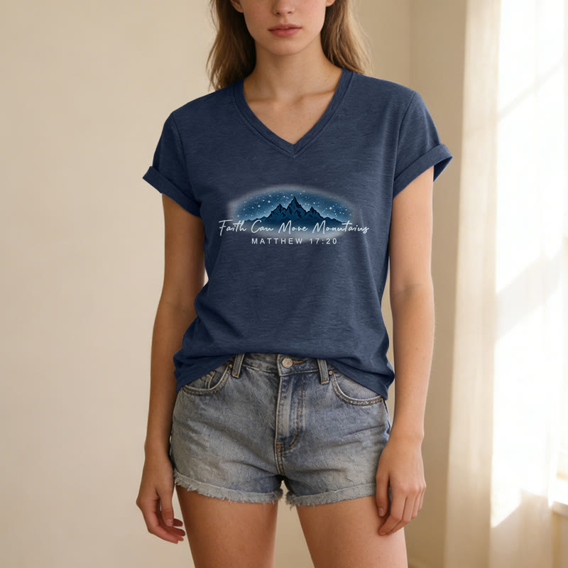 Christianartworkshop "Faith Can Move Mountains Matthew 17:20" Starry Mountain Graphic Casual V-neck T-shirt - image 1