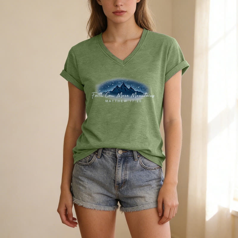 Christianartworkshop "Faith Can Move Mountains Matthew 17:20" Starry Mountain Graphic Casual V-neck T-shirt - image 19