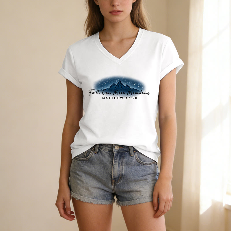 Christianartworkshop "Faith Can Move Mountains Matthew 17:20" Starry Mountain Graphic Casual V-neck T-shirt - image 21