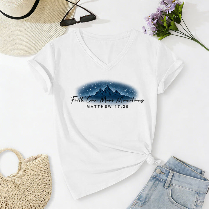 Christianartworkshop "Faith Can Move Mountains Matthew 17:20" Starry Mountain Graphic Casual V-neck T-shirt - White - 2XL - image 20