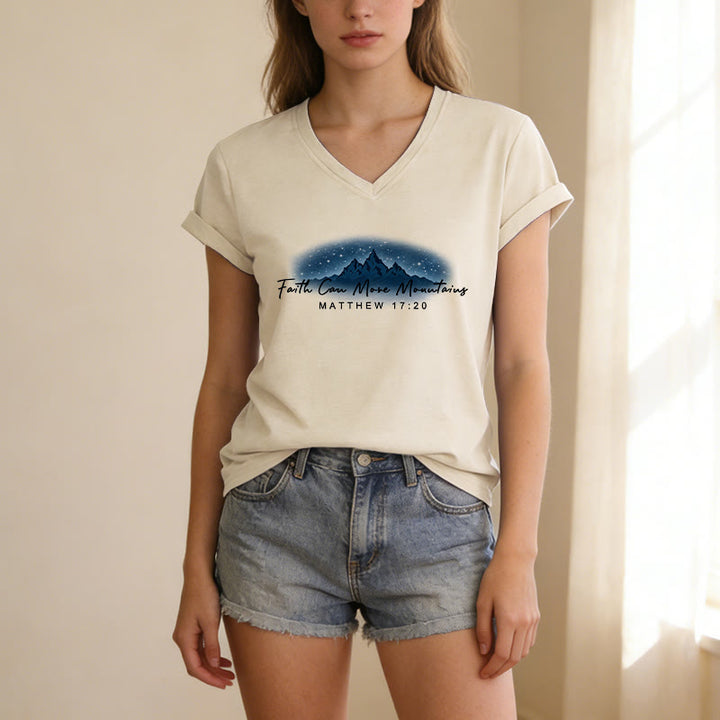 Christianartworkshop "Faith Can Move Mountains Matthew 17:20" Starry Mountain Graphic Casual V-neck T-shirt - image 3