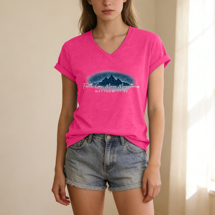 Christianartworkshop "Faith Can Move Mountains Matthew 17:20" Starry Mountain Graphic Casual V-neck T-shirt - image 7