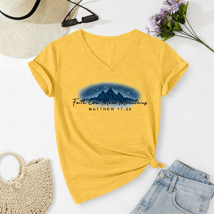Christianartworkshop "Faith Can Move Mountains Matthew 17:20" Starry Mountain Graphic Casual V-neck T-shirt - Yellow - 2XL - image 16