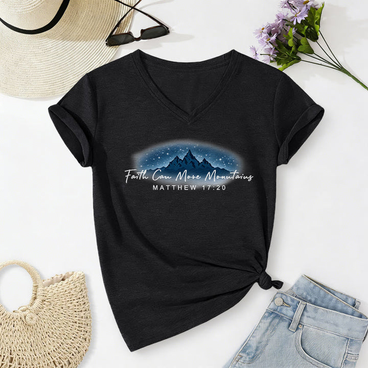 Christianartworkshop "Faith Can Move Mountains Matthew 17:20" Starry Mountain Graphic Casual V-neck T-shirt - Black - 2XL - image 14