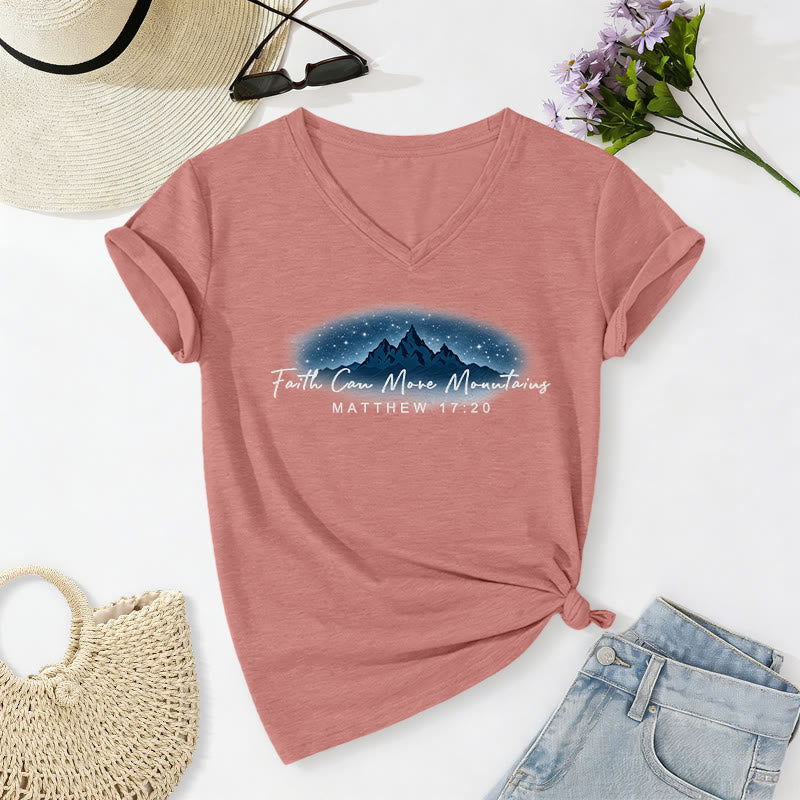 Christianartworkshop "Faith Can Move Mountains Matthew 17:20" Starry Mountain Graphic Casual V-neck T-shirt - Light Pink - 2XL - image 12