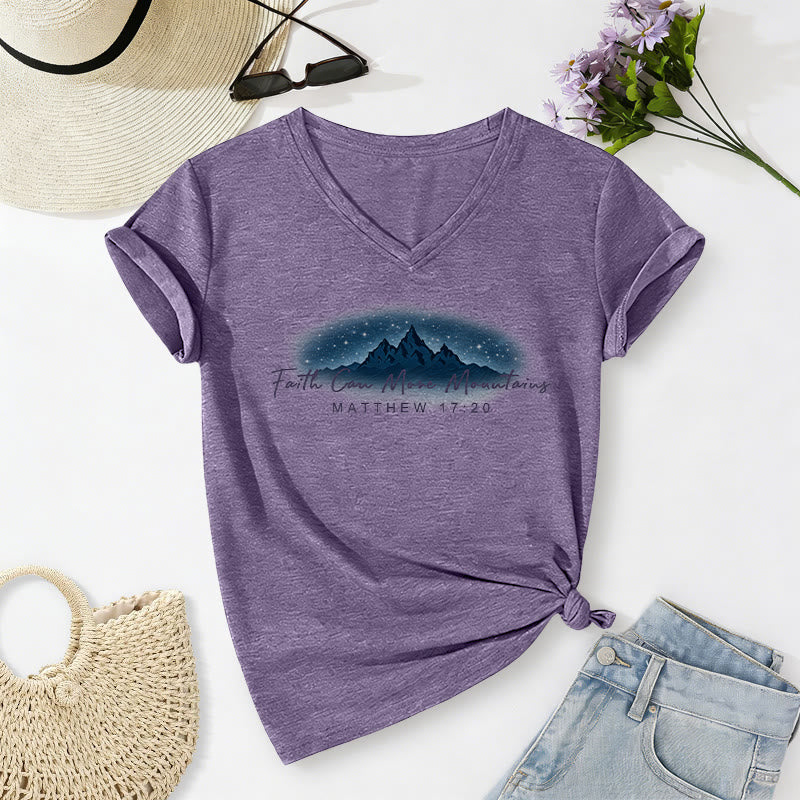 Christianartworkshop "Faith Can Move Mountains Matthew 17:20" Starry Mountain Graphic Casual V-neck T-shirt - Purple - 2XL - image 8