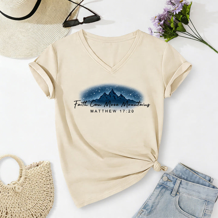 Christianartworkshop "Faith Can Move Mountains Matthew 17:20" Starry Mountain Graphic Casual V-neck T-shirt - Beige - 2XL - image 2