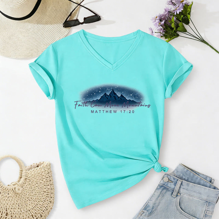 Christianartworkshop "Faith Can Move Mountains Matthew 17:20" Starry Mountain Graphic Casual V-neck T-shirt - Sky Blue - 2XL - image 22