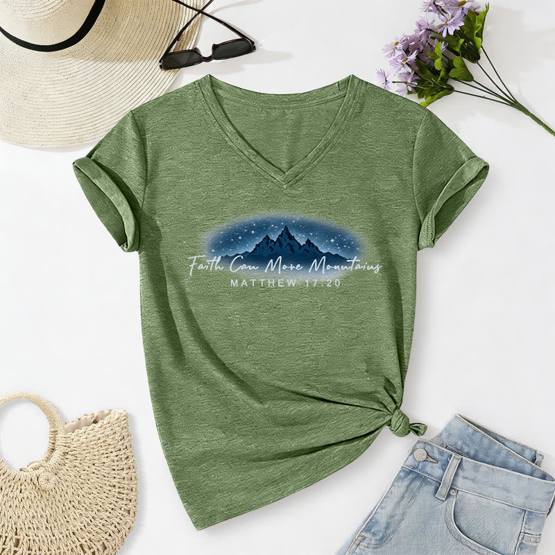 Christianartworkshop "Faith Can Move Mountains Matthew 17:20" Starry Mountain Graphic Casual V-neck T-shirt - Olive Green - 2XL - image 18