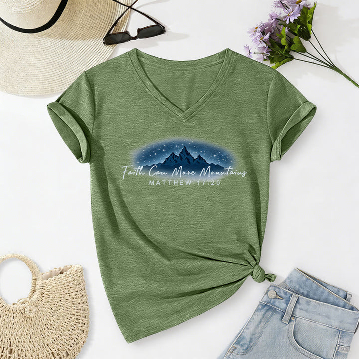 Christianartworkshop "Faith Can Move Mountains Matthew 17:20" Starry Mountain Graphic Casual V-neck T-shirt - Olive Green - 2XL - image 18