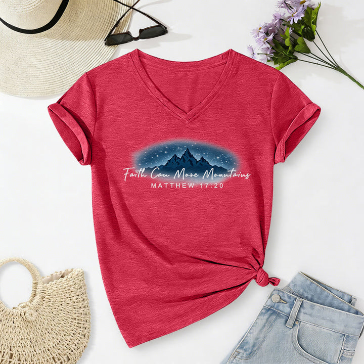 Christianartworkshop "Faith Can Move Mountains Matthew 17:20" Starry Mountain Graphic Casual V-neck T-shirt - Red - 2XL - image 4