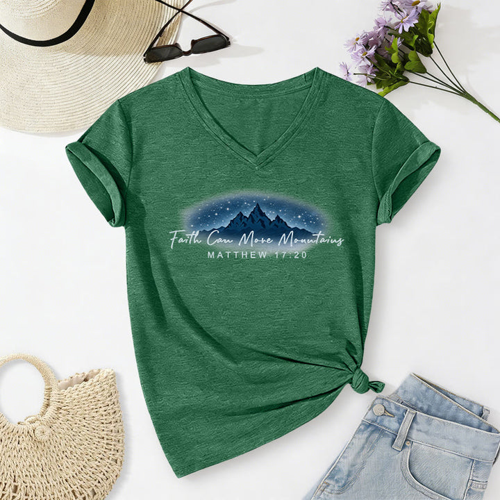 Christianartworkshop "Faith Can Move Mountains Matthew 17:20" Starry Mountain Graphic Casual V-neck T-shirt - Dark Green - 2XL - image 24