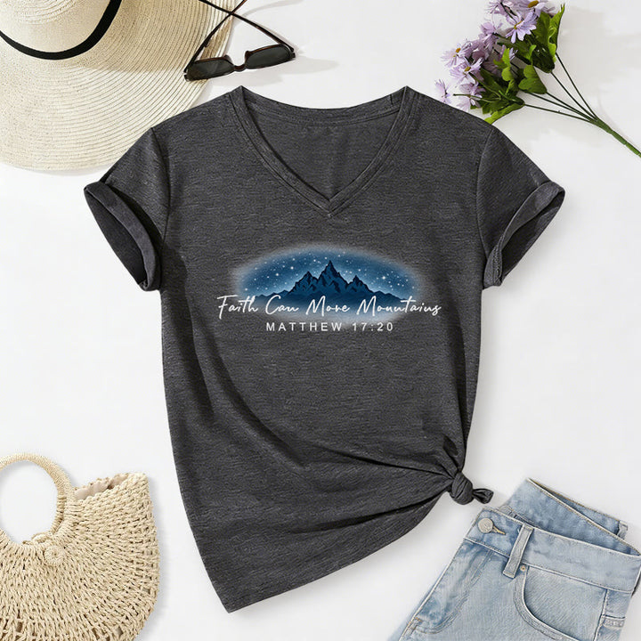 Christianartworkshop "Faith Can Move Mountains Matthew 17:20" Starry Mountain Graphic Casual V-neck T-shirt - Dark Grey - 2XL - image 10