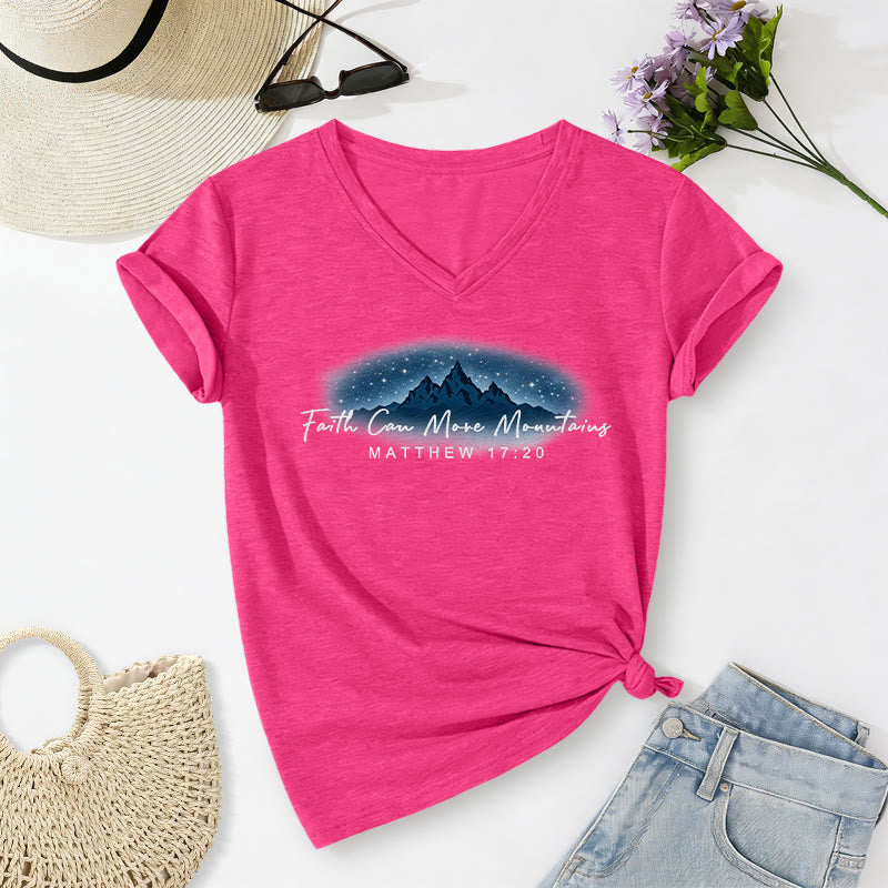 Christianartworkshop "Faith Can Move Mountains Matthew 17:20" Starry Mountain Graphic Casual V-neck T-shirt - Rose - 2XL - image 6