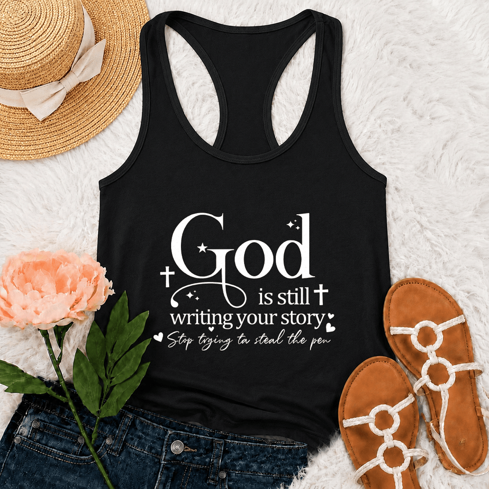 Christianartworkshop God Is Still Writing Your Story Christian Workout Racerback Tank Top - Black - 2XL - image 3
