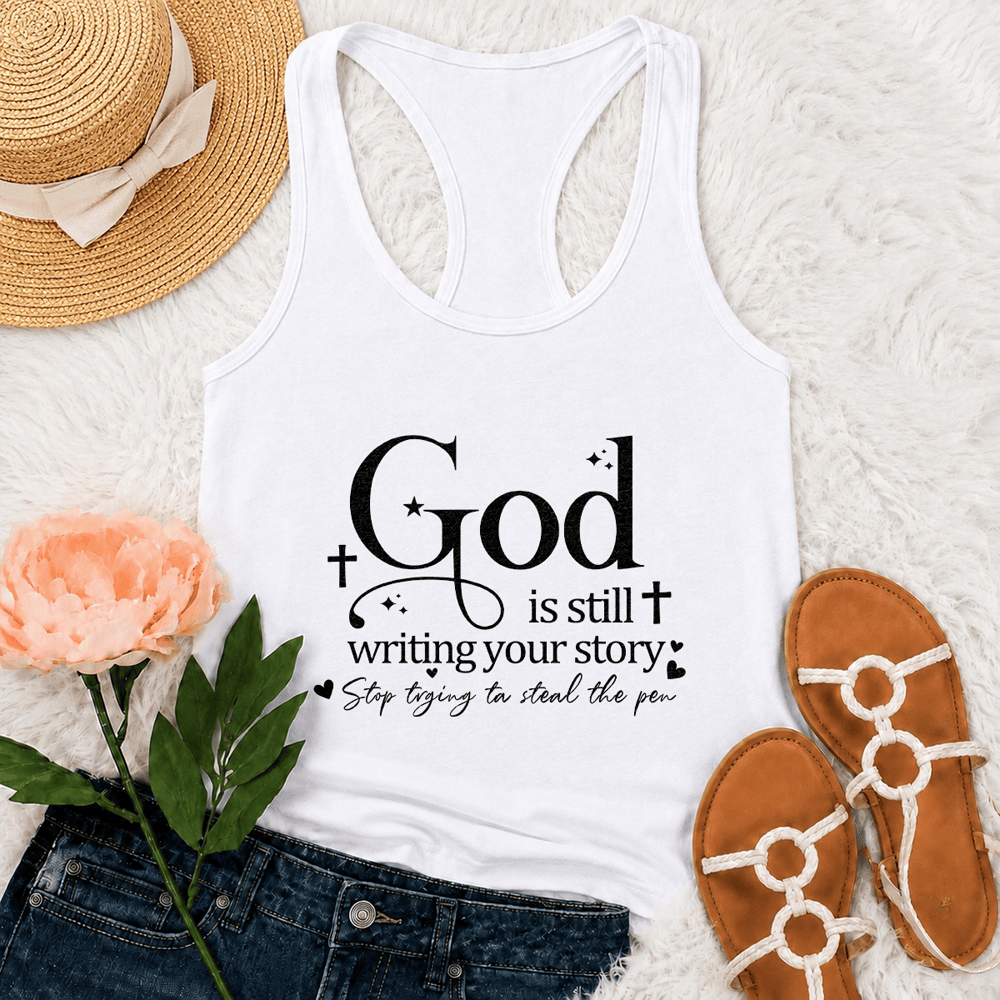 Christianartworkshop God Is Still Writing Your Story Christian Workout Racerback Tank Top - White - 2XL - image 6
