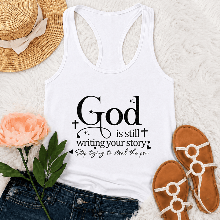 Christianartworkshop God Is Still Writing Your Story Christian Workout Racerback Tank Top - White - 2XL - image 6