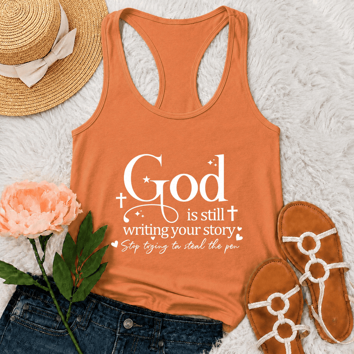 Christianartworkshop God Is Still Writing Your Story Christian Workout Racerback Tank Top - Orange - 2XL - image 27