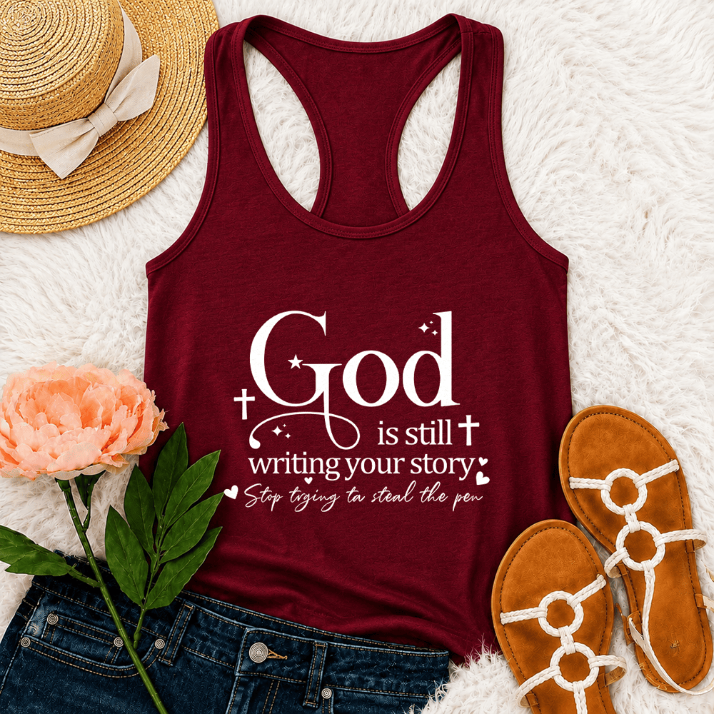 Christianartworkshop God Is Still Writing Your Story Christian Workout Racerback Tank Top - Wine - 2XL - image 24