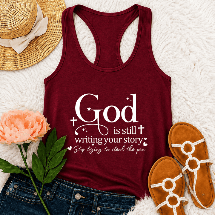 Christianartworkshop God Is Still Writing Your Story Christian Workout Racerback Tank Top - Wine - 2XL - image 24
