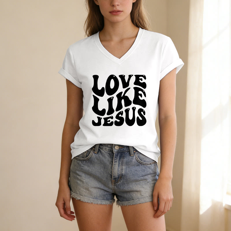 Christianartworkshop "Love Like Jesus" Retro Bubble Letter Casual V-neck T-shirt - image 21