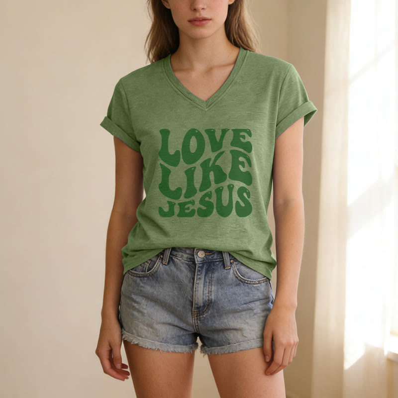 Christianartworkshop "Love Like Jesus" Retro Bubble Letter Casual V-neck T-shirt - image 19