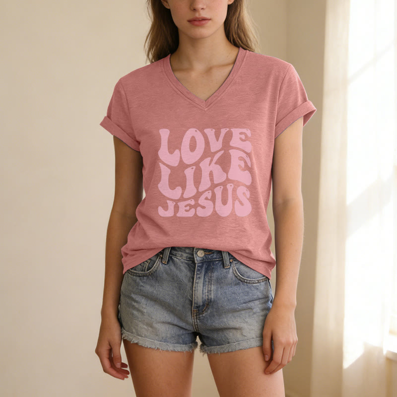 Christianartworkshop "Love Like Jesus" Retro Bubble Letter Casual V-neck T-shirt - image 13