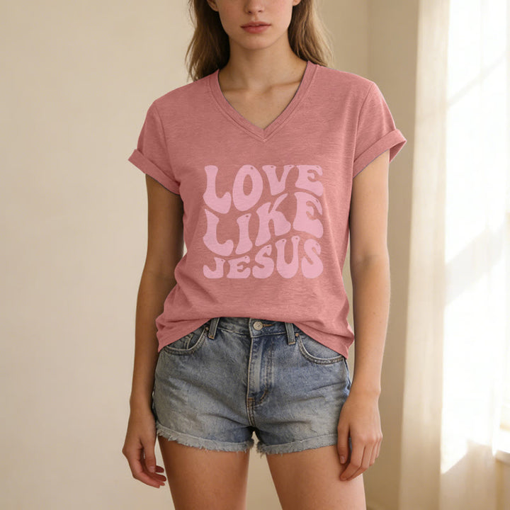 Christianartworkshop "Love Like Jesus" Retro Bubble Letter Casual V-neck T-shirt - image 13