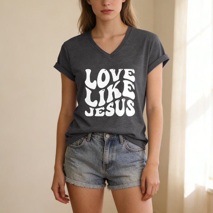 Christianartworkshop "Love Like Jesus" Retro Bubble Letter Casual V-neck T-shirt - image 11