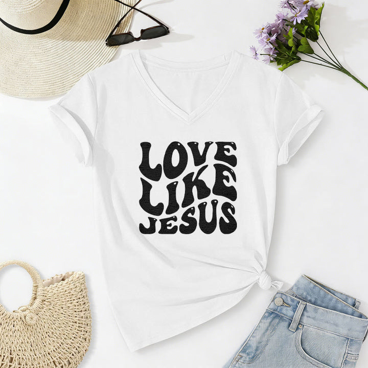 Christianartworkshop "Love Like Jesus" Retro Bubble Letter Casual V-neck T-shirt - White - 2XL - image 20