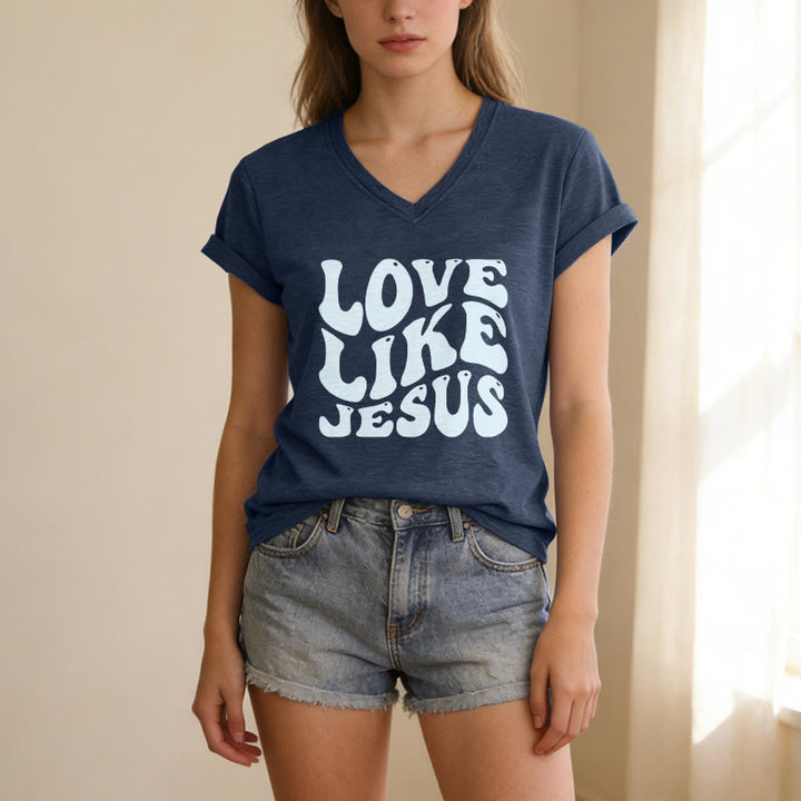 Christianartworkshop "Love Like Jesus" Retro Bubble Letter Casual V-neck T-shirt - image 3