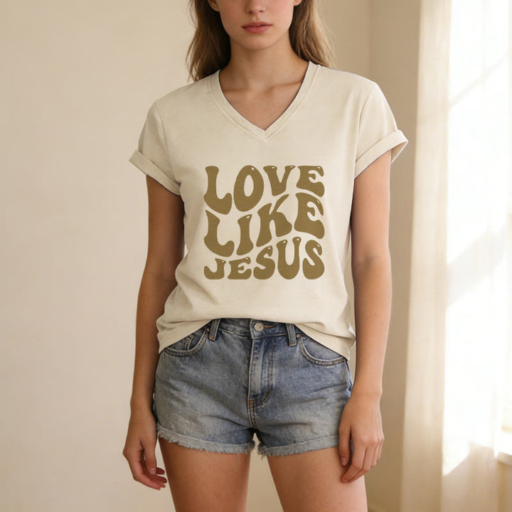 Christianartworkshop "Love Like Jesus" Retro Bubble Letter Casual V-neck T-shirt - image 5