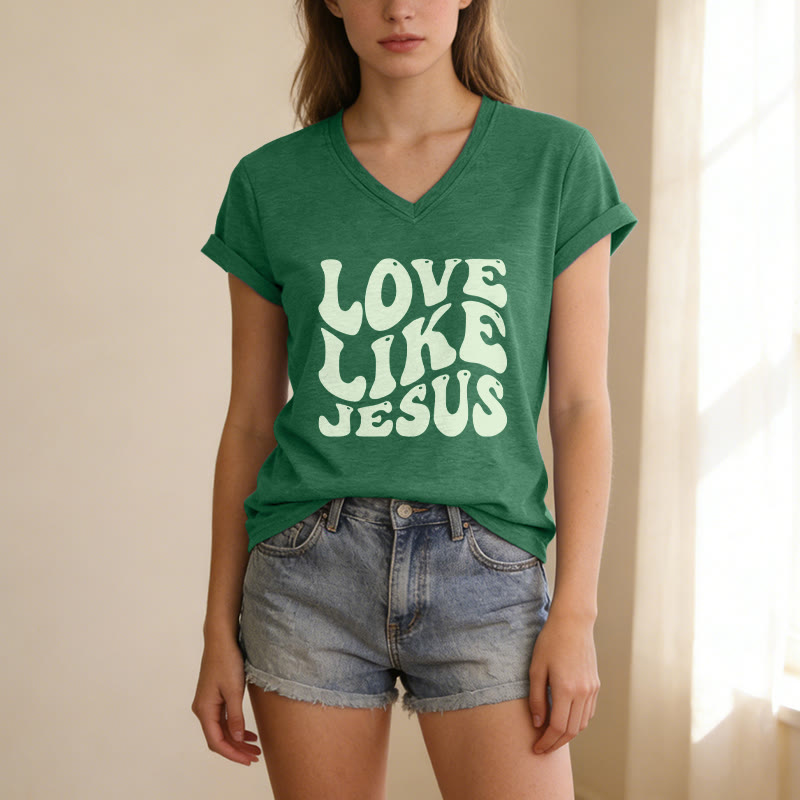 Christianartworkshop "Love Like Jesus" Retro Bubble Letter Casual V-neck T-shirt - image 25