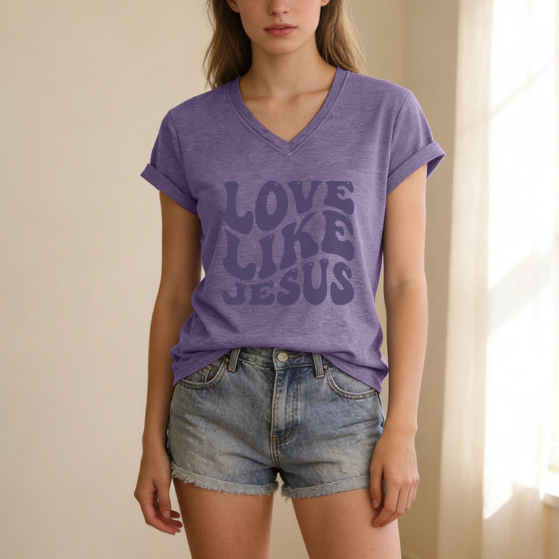Christianartworkshop "Love Like Jesus" Retro Bubble Letter Casual V-neck T-shirt - image 9