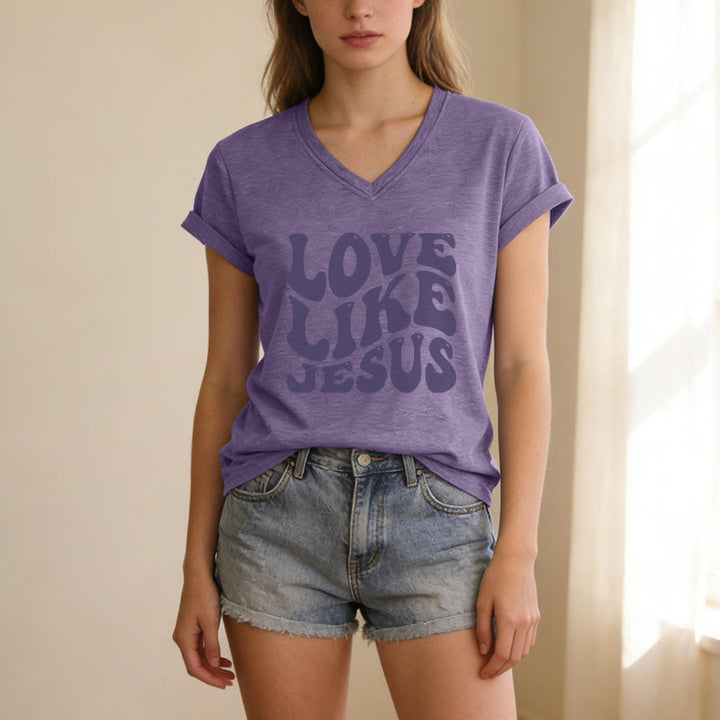 Christianartworkshop "Love Like Jesus" Retro Bubble Letter Casual V-neck T-shirt - image 9