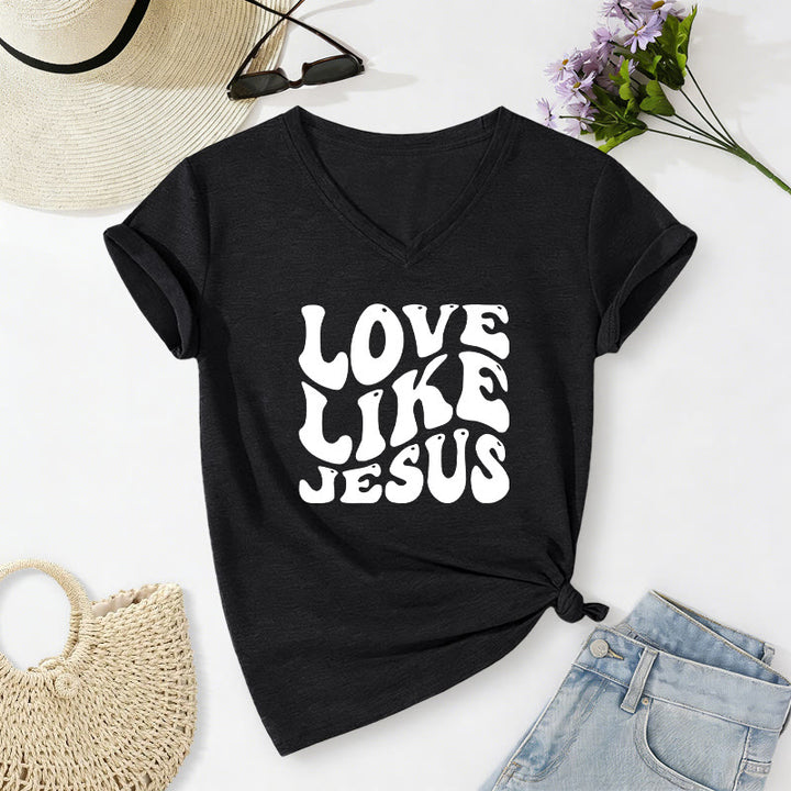 Christianartworkshop "Love Like Jesus" Retro Bubble Letter Casual V-neck T-shirt - Black - 2XL - image 14