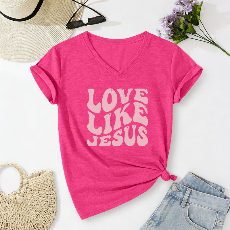 Christianartworkshop "Love Like Jesus" Retro Bubble Letter Casual V-neck T-shirt - Rose - 2XL - image 0