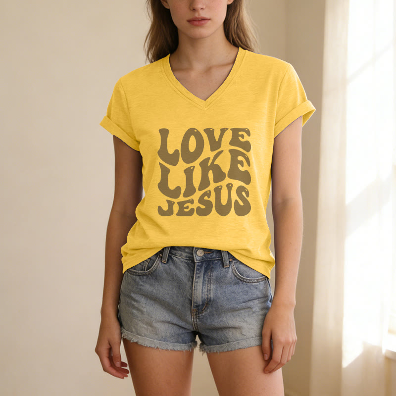 Christianartworkshop "Love Like Jesus" Retro Bubble Letter Casual V-neck T-shirt - image 17