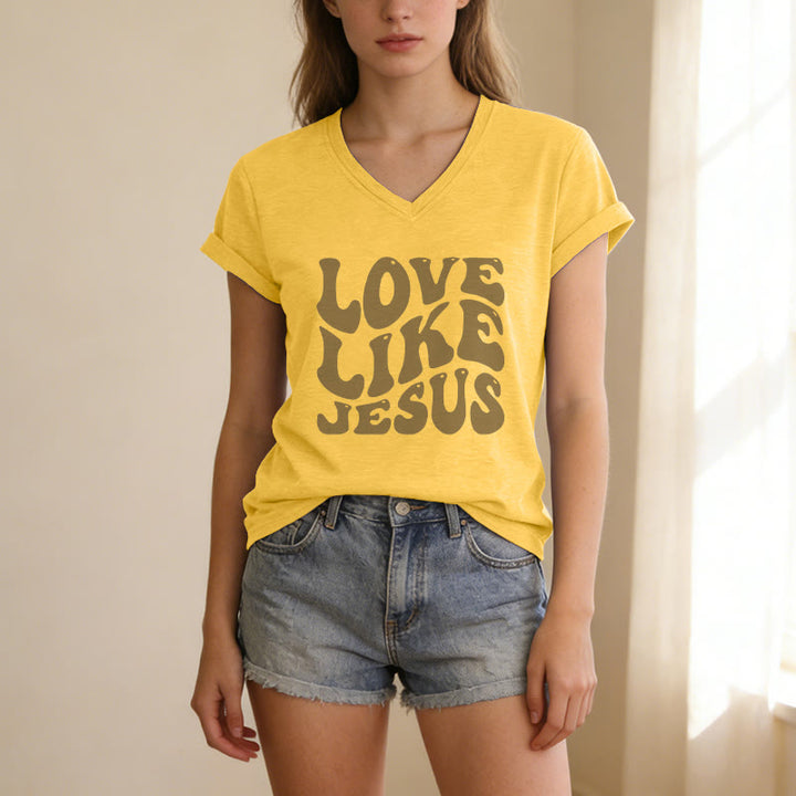 Christianartworkshop "Love Like Jesus" Retro Bubble Letter Casual V-neck T-shirt - image 17